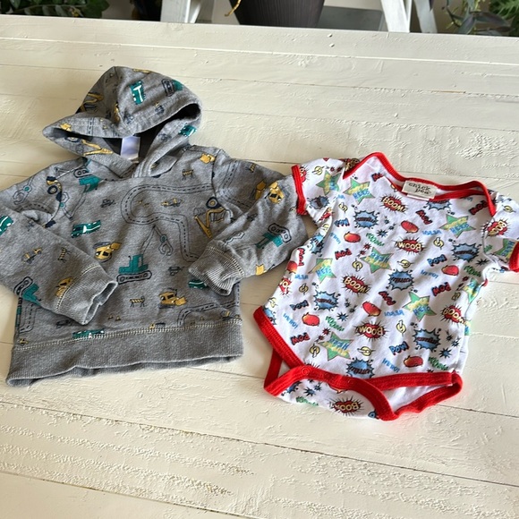 9M baby boy, tractor hoodie, and chickpea onesie, boom - Picture 1 of 7